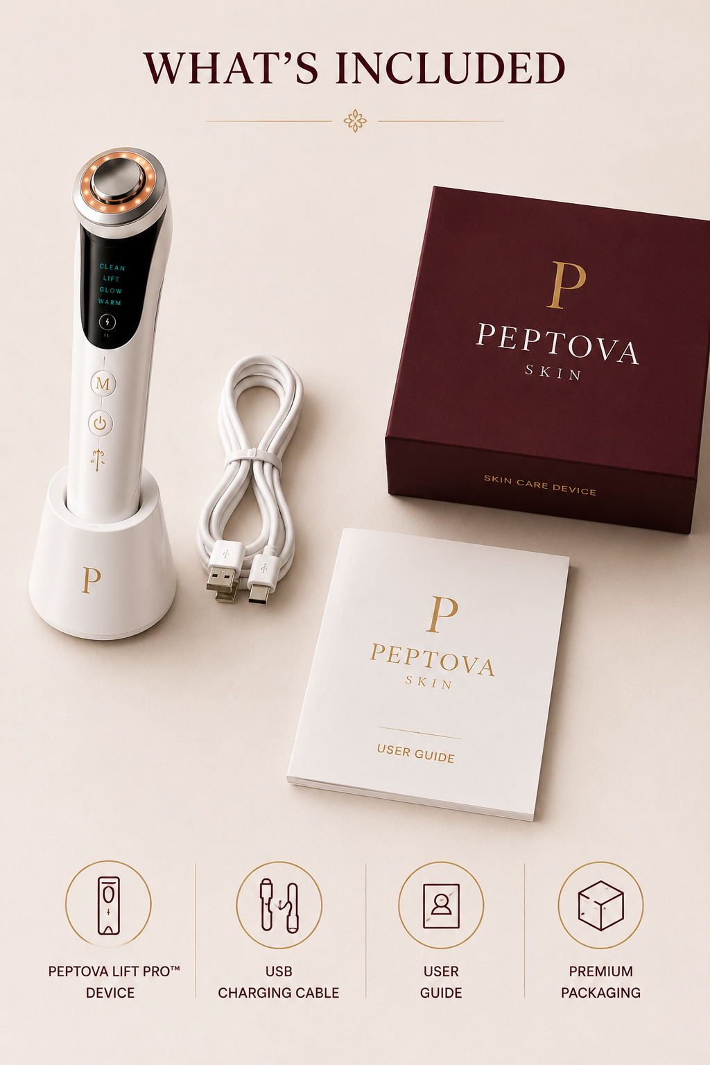 Peptova Lift Pro™ - What's Included - Device, USB Cable, User Guide, Premium Packaging