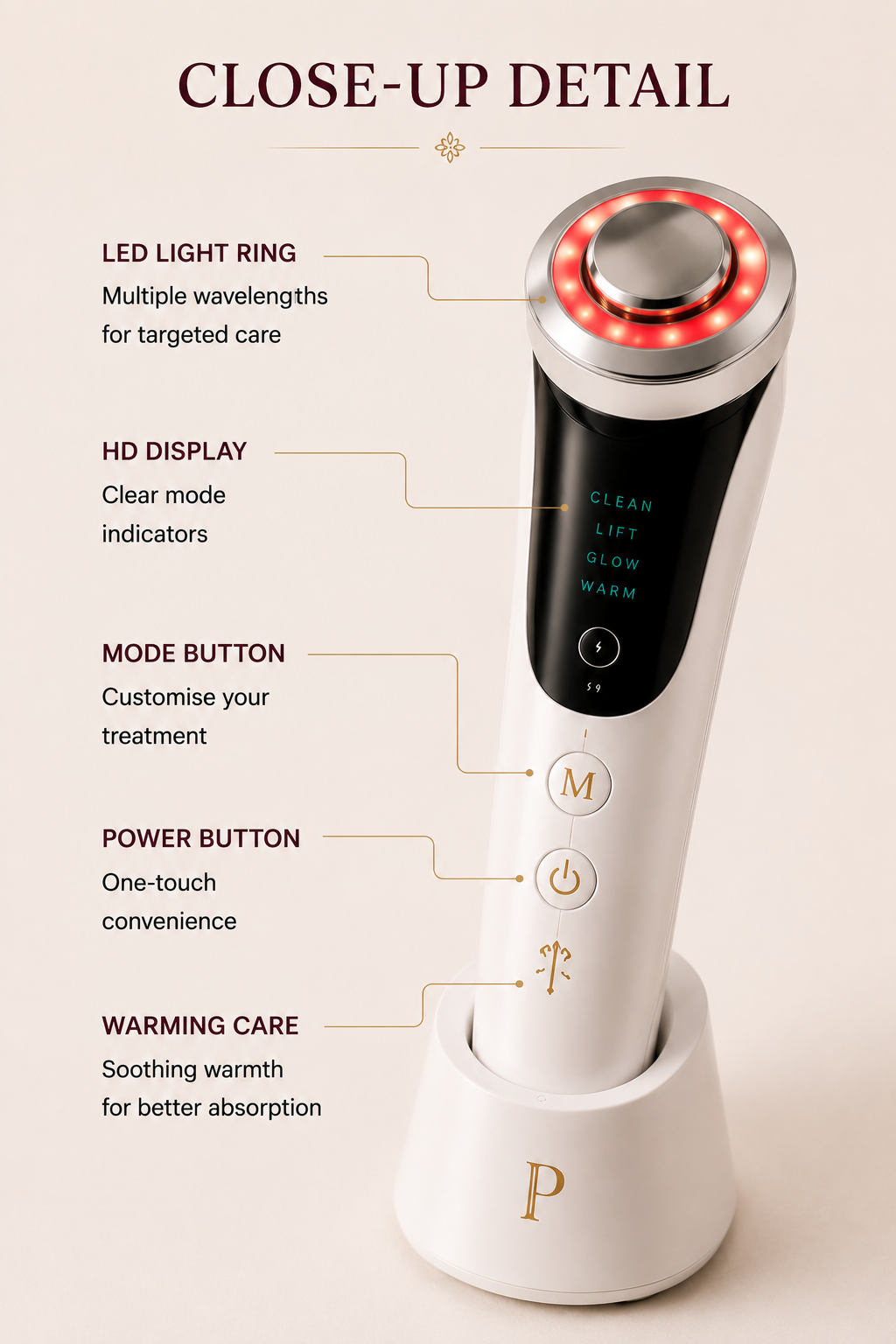 Peptova Lift Pro™ - Close-Up Detail - LED Light Ring, HD Display, Mode Button